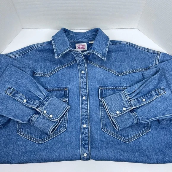 Levis Men's Blue Denim Pearl Snap Western Shirt/ Shacket PC9-A3373-0004 Size L - Picture 6 of 15
